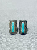 Fabulous Vintage Native American Navajo Blue Gem Turquoise Sterling Silver Pierced Earrings-Nativo Arts
