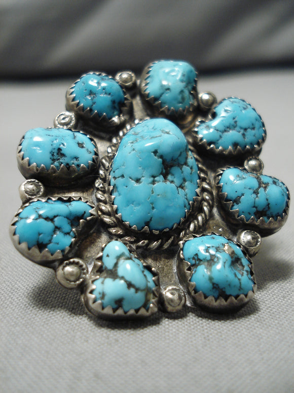 Exquisite Vintage Native American Navajo Ray Tom Chunky Blue Turquoise Sterling Silver Ring-Nativo Arts