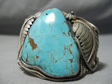 Important Vintage Native American Navajo Rare Turquoise Sterling Silver Leaf Bracelet Old-Nativo Arts