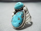 Rich Long Vintage Native American Navajo Kingman Turquoise Sterling Silver Ring Old-Nativo Arts