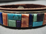 Unique!! Vintage Native American Navajo Turquoise Sterling Silver Inlay Leather Bracelet-Nativo Arts