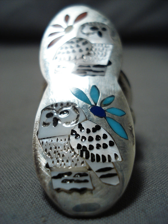 Important Owl Bird Native American Zuni Turquoise Inlay Sterling Silver Ring-Nativo Arts