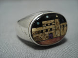 Native American Extremely Detailed Vintage Navaj Turquoise Pueblo Inlay Sterling Silver Ring Old-Nativo Arts