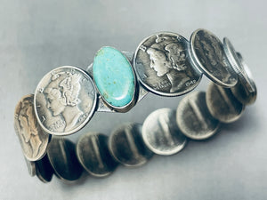 Sensational Native American Navajo Signed Royston Turquoise 14 Mercury Silver Dimes Bangle-Nativo Arts