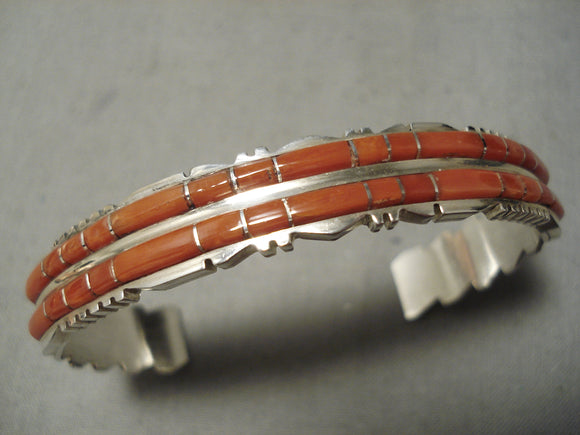 Amazing Native American Zuni Sheldon Lalie Coral Sterling Silver Bracelet-Nativo Arts