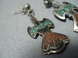 Amazing Vintage Native American Navajo Turquoise Chip Inlay Sterling Silver Bird Earrings Old-Nativo Arts