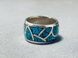Thick Vintage Native American Navajo Turquoise Inlay Sterling Silver Ring Old-Nativo Arts