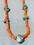 Captivating Vintage Native American Navajo 5 Turquoise Sterling Silver Coral Necklace-Nativo Arts