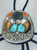 Massive Hand Carved Black Bear Vintage Native American Navajo Turquoise Sterling Silver Bolo Tie-Nativo Arts