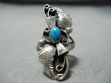 Amazing Vintage Native American Navajo Blue Gem Turquoise Sterling Silver Leaf Ring Old-Nativo Arts