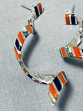 Native American Unique Shawn Sheyka Zuni Coral Jet Sterling Silver Earrings-Nativo Arts
