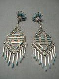 Very Unique!! Zuni Native American Sterling Silver Long Turquoise Earrings-Nativo Arts