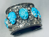 Important Hand Carved Turquoise Vintage Native American Navajo Sterling Silver Bracelet-Nativo Arts