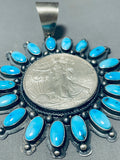 Dramatic Native American Navajo Kingman Turquoise & Coin Sterling Silver Pendant Signed-Nativo Arts