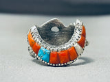 One Of The Most Unique Ever Native American Navajo Turquoise Coral Inlay Sterling Silver Ring-Nativo Arts
