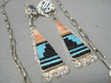Important Native American Zuni Eldred Martinez Turquoise Coral Sterling Silver Necklace Earrings-Nativo Arts