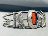 Flanking Leaves Vintage Native American Navajo Coral Sterling Silver Bracelet Cuff Old-Nativo Arts