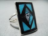 Important Vintage Native American Zuni Inlay Turquoise Jet Bluejay Sterling Silver Ring-Nativo Arts