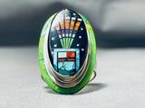 Most Unique Native American Navajo Gaspeite Turquoise Sterling Silver Inlay Ring-Nativo Arts