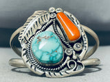 Ornate Vintage Native American Navajo Carico Lake Turquoise Coral Sterling Silver Bracelet-Nativo Arts