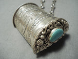 Rare Heavy Trinket Box Native American Navajo Turquoise Sterling Silver Necklace-Nativo Arts