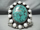 Towering Vintage Native American Navajo Shakey Family Turquoise Sterling Silver Pearl Bracelet-Nativo Arts
