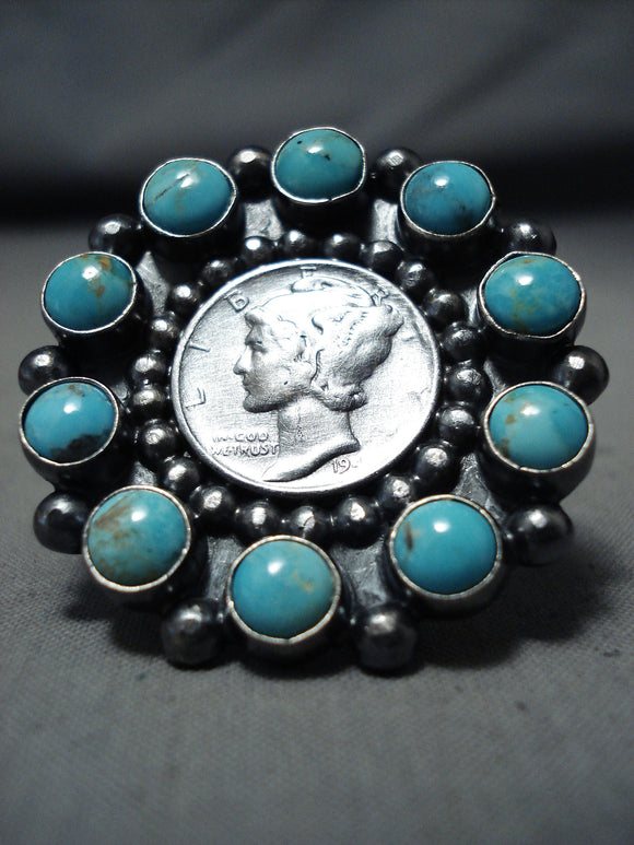 Unique Native American Navajo Turquoise Sterling Silver Mercury Dime Ring-Nativo Arts