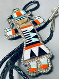 Museum Quality Long Vintage Native American Zuni Turquoise Inlay Sterling Silver Bolo Tie-Nativo Arts