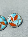 Vibrant Native American Zuni Inlay Blue Gem Turquoise Coral Sterling Silver Earrings-Nativo Arts