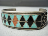 Intricate Lateyice Vintage Native American Zuni Turquoise Sterling Silver Inlay Bracelet Old-Nativo Arts