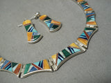 Native American Important Calvin Begay Turquoise Sterling Silver Inlay Necklace Earrings-Nativo Arts