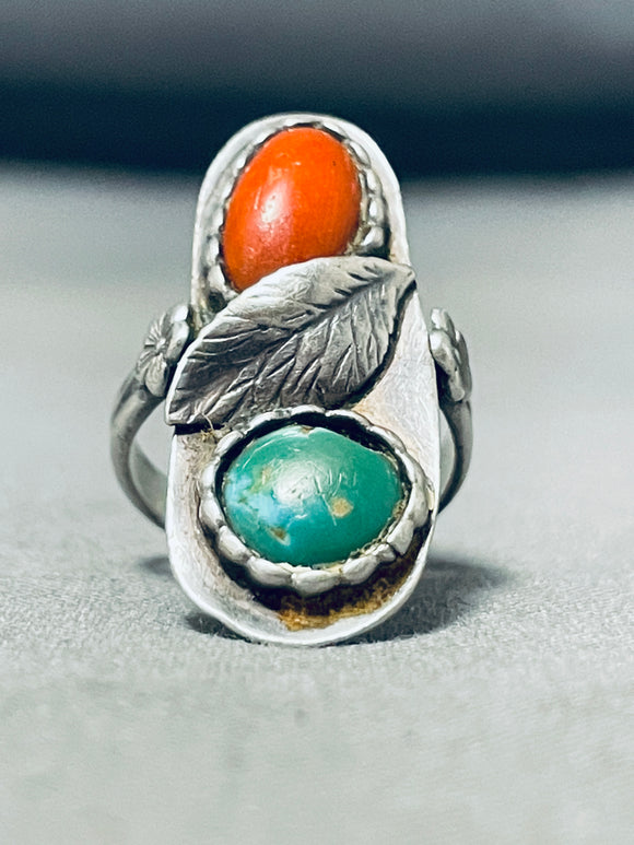 Native American Brilliant Vintage Royston Turquoise Coral Sterling Silver Ring-Nativo Arts