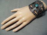 Early 1900's Vintage Native American Navajo Crossed Arrows Turquoise Sterling Silver Bracelet-Nativo Arts