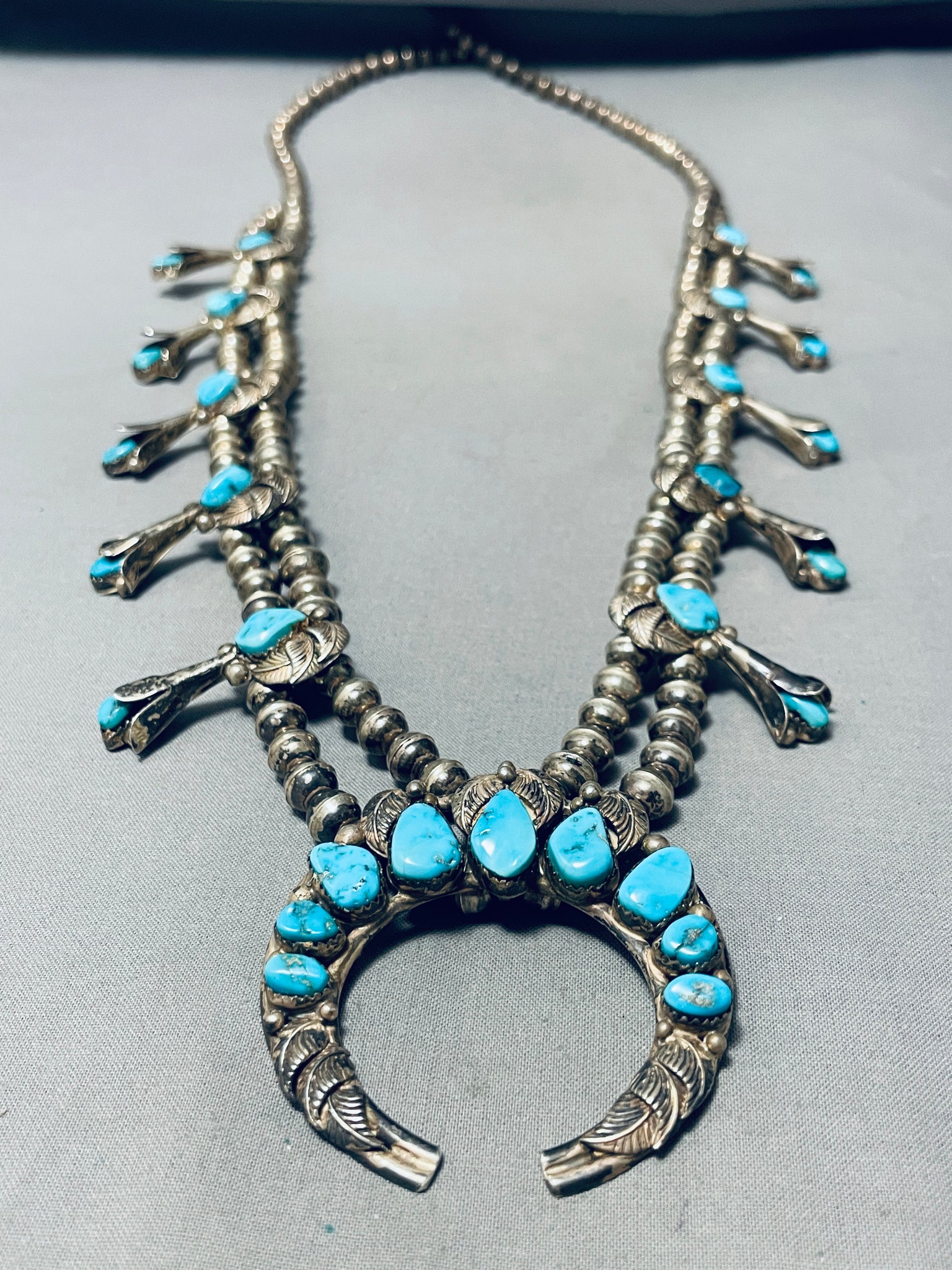 Vintage Turquoise and Sterling Silver Squash Blossom Necklace