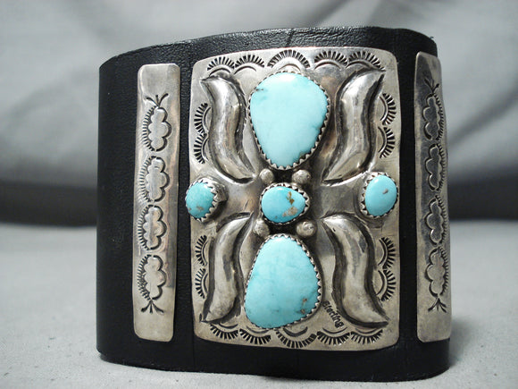 Tremendous Navajo Turquoise Sterling Silver Leather Bowguard Native American-Nativo Arts