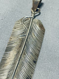 Rare Longer Vintage Native American Navajo Intricate Sterling Silver Feather Turquoise Pendant-Nativo Arts