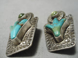 Huge Detailed Vintage Native American Navajo Turquoise Sterling Silver Cactus Earrings-Nativo Arts
