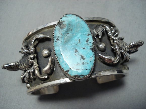 Crazy Scorpion Detaild Native American Blue Turquoise Sterling Silver Bracelet-Nativo Arts