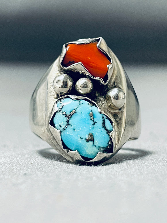 Awesome Vintage Native American Navajo Kingman Turquoise Coral Sterling Silver Ring-Nativo Arts