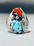 Awesome Vintage Native American Navajo Kingman Turquoise Coral Sterling Silver Ring-Nativo Arts