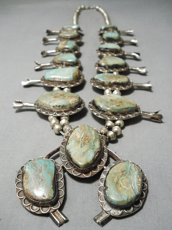 Heavy Vintage Native American Navajo Royston Turquoise Sterling Silver Squash Blossom Necklace-Nativo Arts