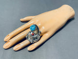 Huge Native American Navajo Turquoise Coral Sterling Silver Bear Ring-Nativo Arts