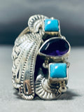 Dramatic Native American Navajo Amethyst 2 Sleeping Beauty Turquoise Sterling Silver Ring-Nativo Arts