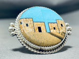 Tremendous Native American Navajo Turquoise Sterling Silver Ring Signed Calvin Desson-Nativo Arts