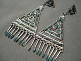 Intricate Vintage Zuni Native American Sterling Silver Turquoise Needle Earrings-Nativo Arts