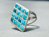 Very Intricate Vintage Native American Zuni Turquoise Inlay Sterling Silver Ring Old-Nativo Arts