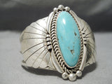 Striking Vintage Native American Navajo Blue Gem Turquoise Sterling Silver Flanked Bracelet Old-Nativo Arts