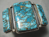 Vivid Huge Vintage Native American Navajo Squared Turquoise Sterling Silver Bracelet Old-Nativo Arts