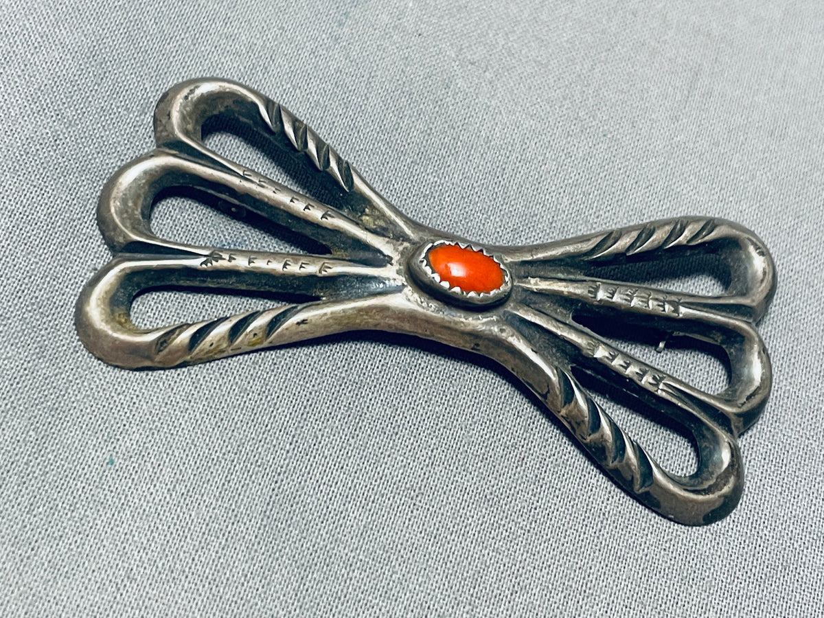 Authentic Vintage Native American Navajo Coral Sterling Silver Bow Pin ...