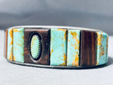 Signed Vintage Native American Navajo #8 Turquoise Sterling Silver Wood Inlay Bracelet-Nativo Arts